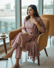 Aarohi- Dusty Pink Mul Cotton Angrakha Suit Set
