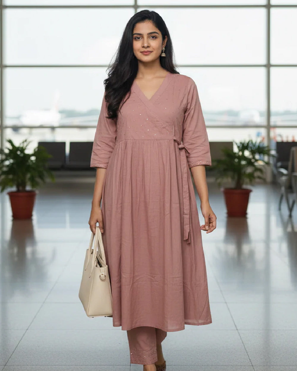 Aarohi- Dusty Pink Mul Cotton Angrakha Suit Set
