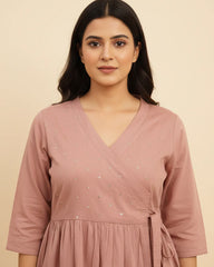 Aarohi- Dusty Pink Mul Cotton Angrakha Suit Set