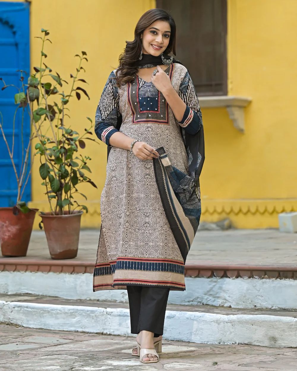 Avni- Classic Ajrakh Print Cotton Suit Set with Mirror Work & Printed Dupatta