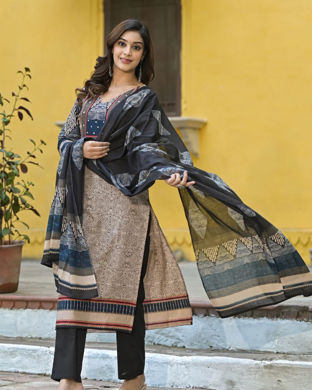 Avni- Classic Ajrakh Print Cotton Suit Set with Mirror Work & Printed Dupatta