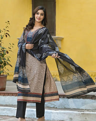 Avni- Classic Ajrakh Print Cotton Suit Set with Mirror Work & Printed Dupatta