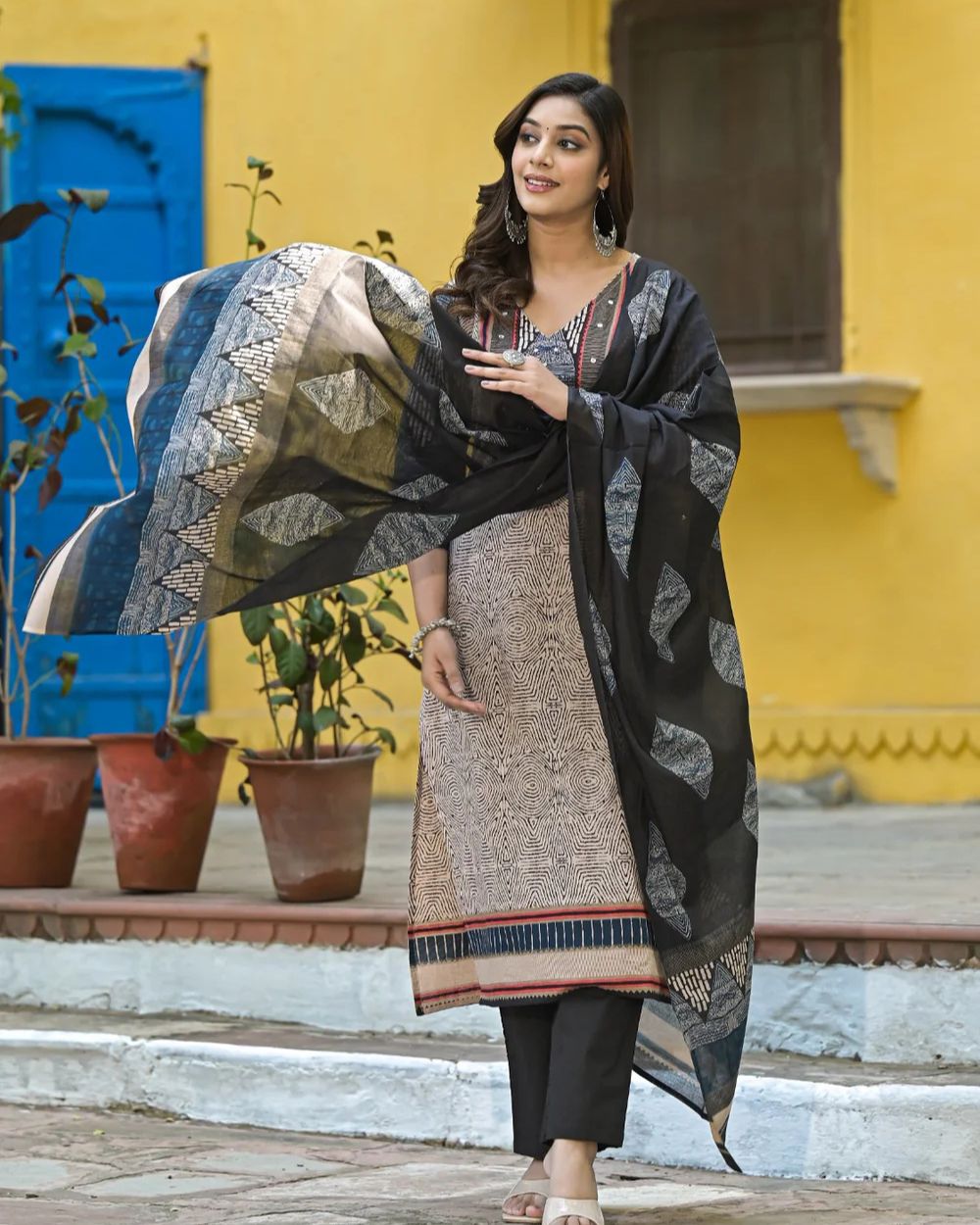 Avni- Classic Ajrakh Print Cotton Suit Set with Mirror Work & Printed Dupatta
