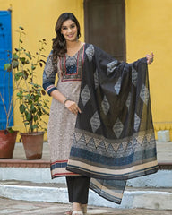 Avni- Classic Ajrakh Print Cotton Suit Set with Mirror Work & Printed Dupatta