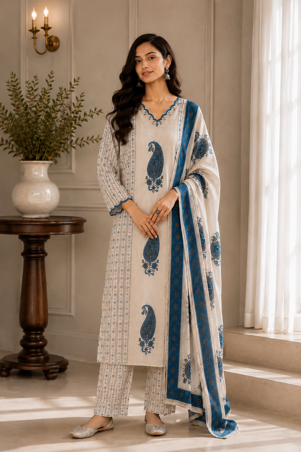 Ivory & Blue Paisley Cotton Suit Set