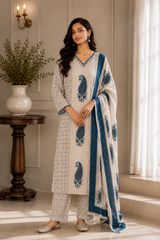 Ivory & Blue Paisley Cotton Suit Set