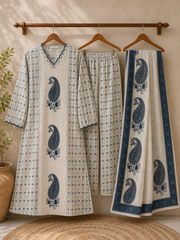 Ivory & Blue Paisley Cotton Suit Set