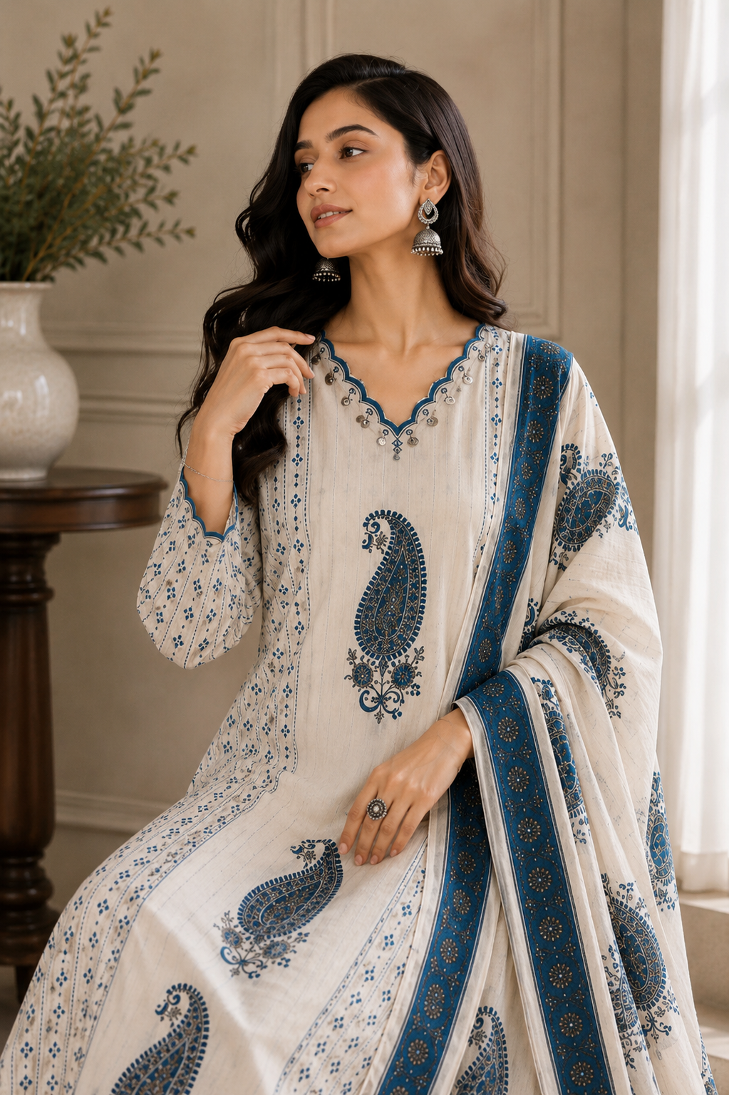 Ivory & Blue Paisley Cotton Suit Set