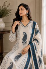 Ivory & Blue Paisley Cotton Suit Set