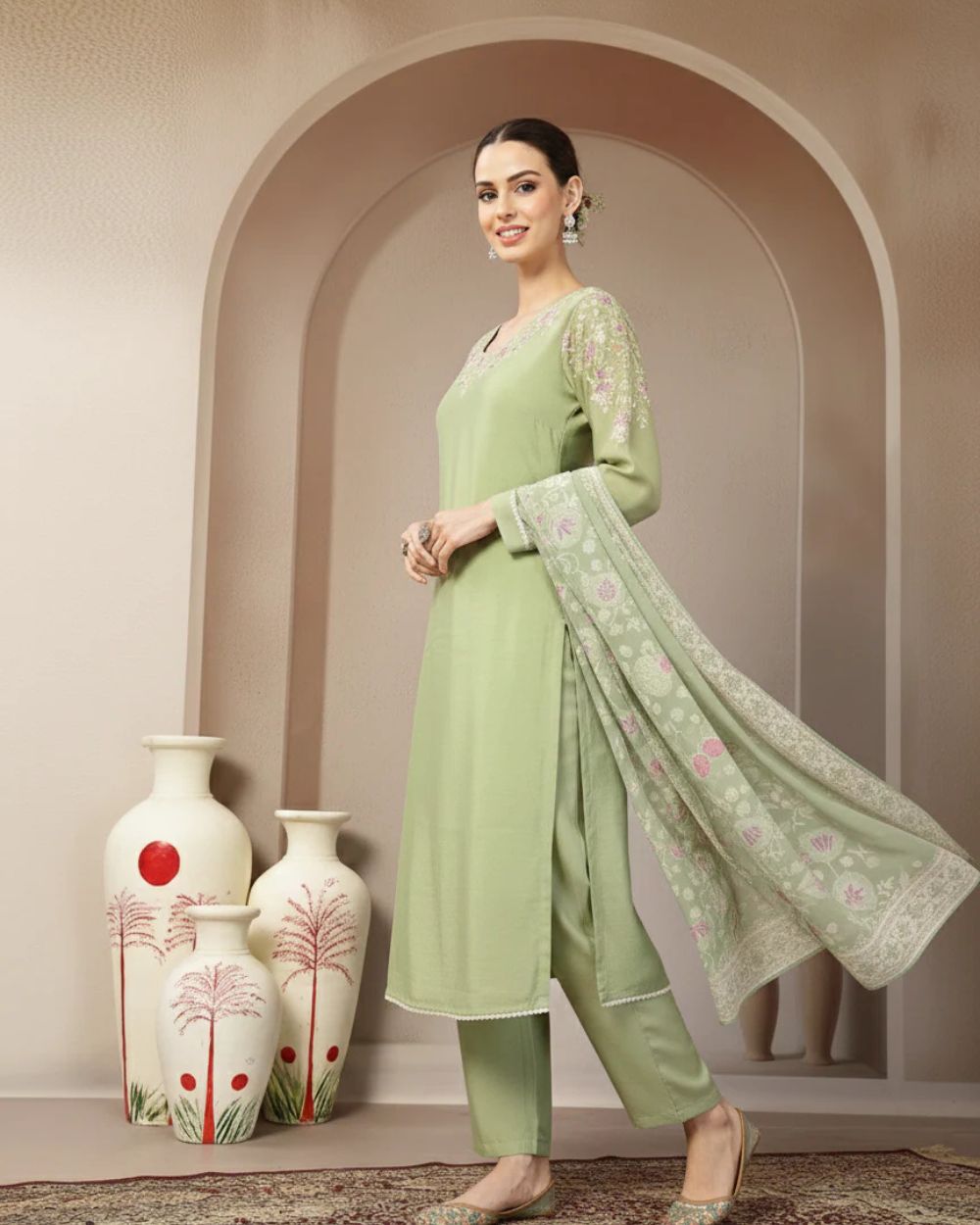 Khushi-Pistachio Green Mul Chanderi Embroidered Kurta Set with Dupatta
