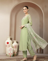 Khushi-Pistachio Green Mul Chanderi Embroidered Kurta Set with Dupatta