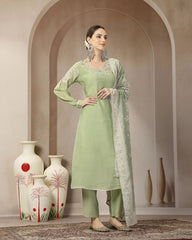 Khushi-Pistachio Green Mul Chanderi Embroidered Kurta Set with Dupatta