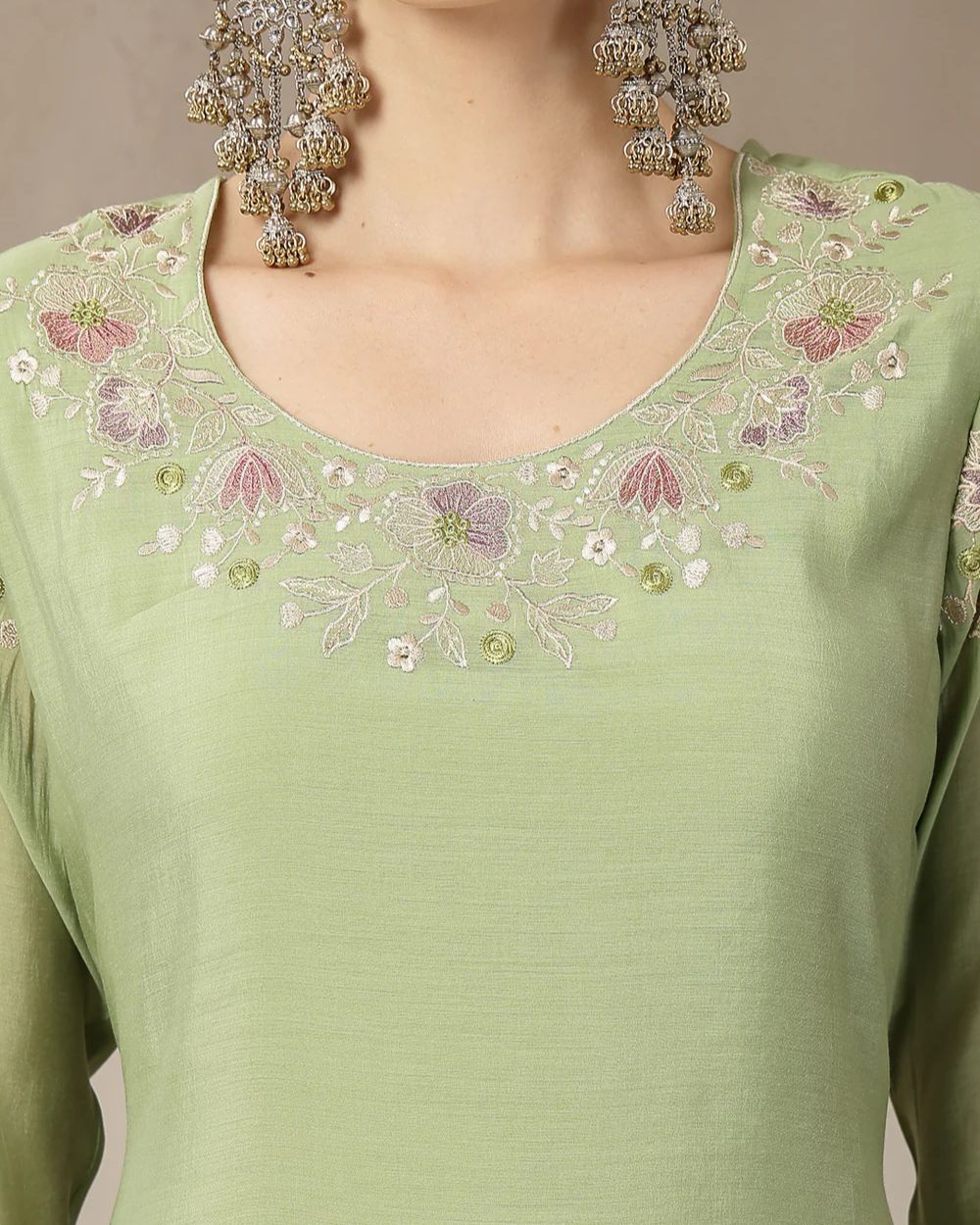 Khushi-Pistachio Green Mul Chanderi Embroidered Kurta Set with Dupatta