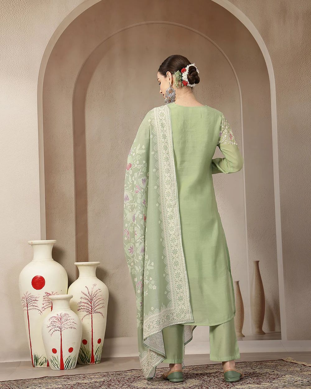 Khushi-Pistachio Green Mul Chanderi Embroidered Kurta Set with Dupatta