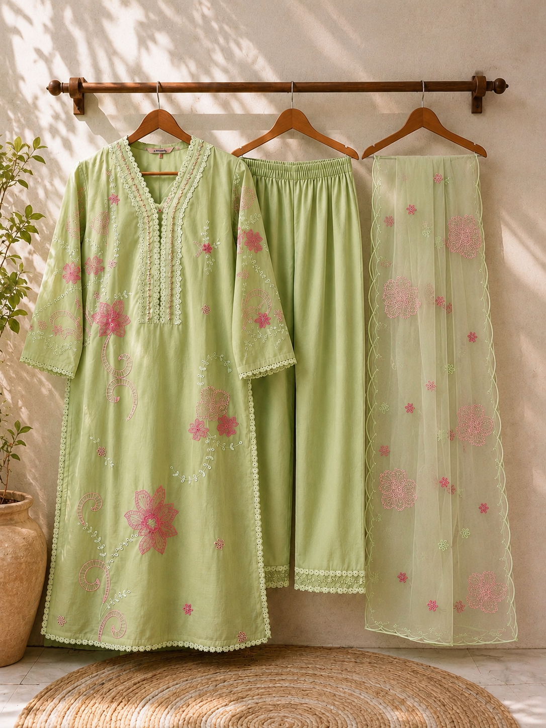 Sea Green  Mul Chanderi Suit Set