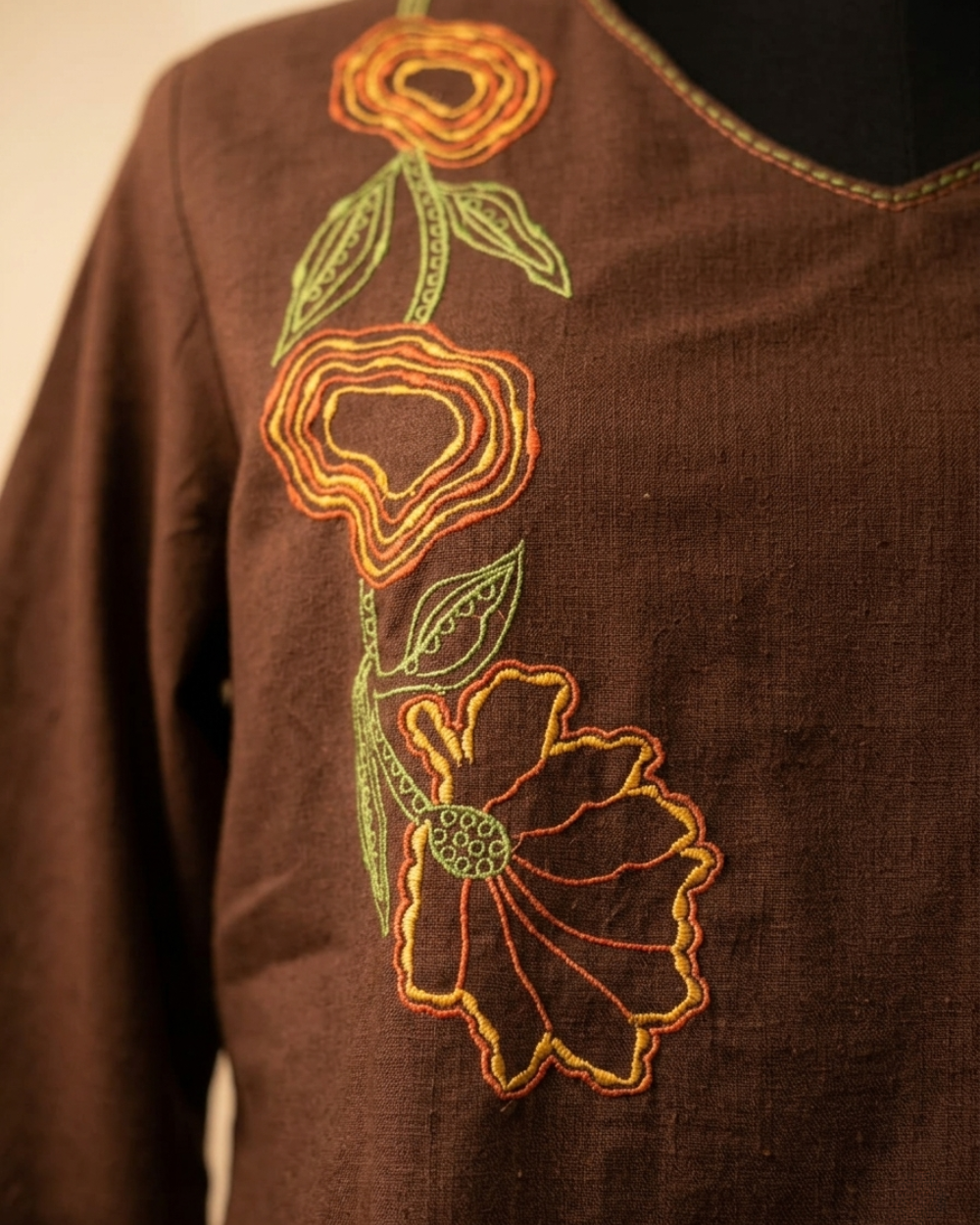 Ruhi- Mocha Brown Cotton Top with Floral Embroidery
