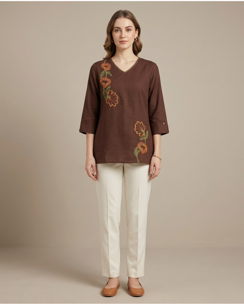 Ruhi- Mocha Brown Cotton Top with Floral Embroidery