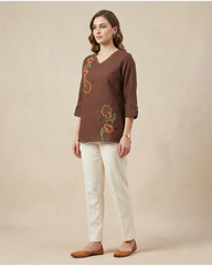 Ruhi- Mocha Brown Cotton Top with Floral Embroidery