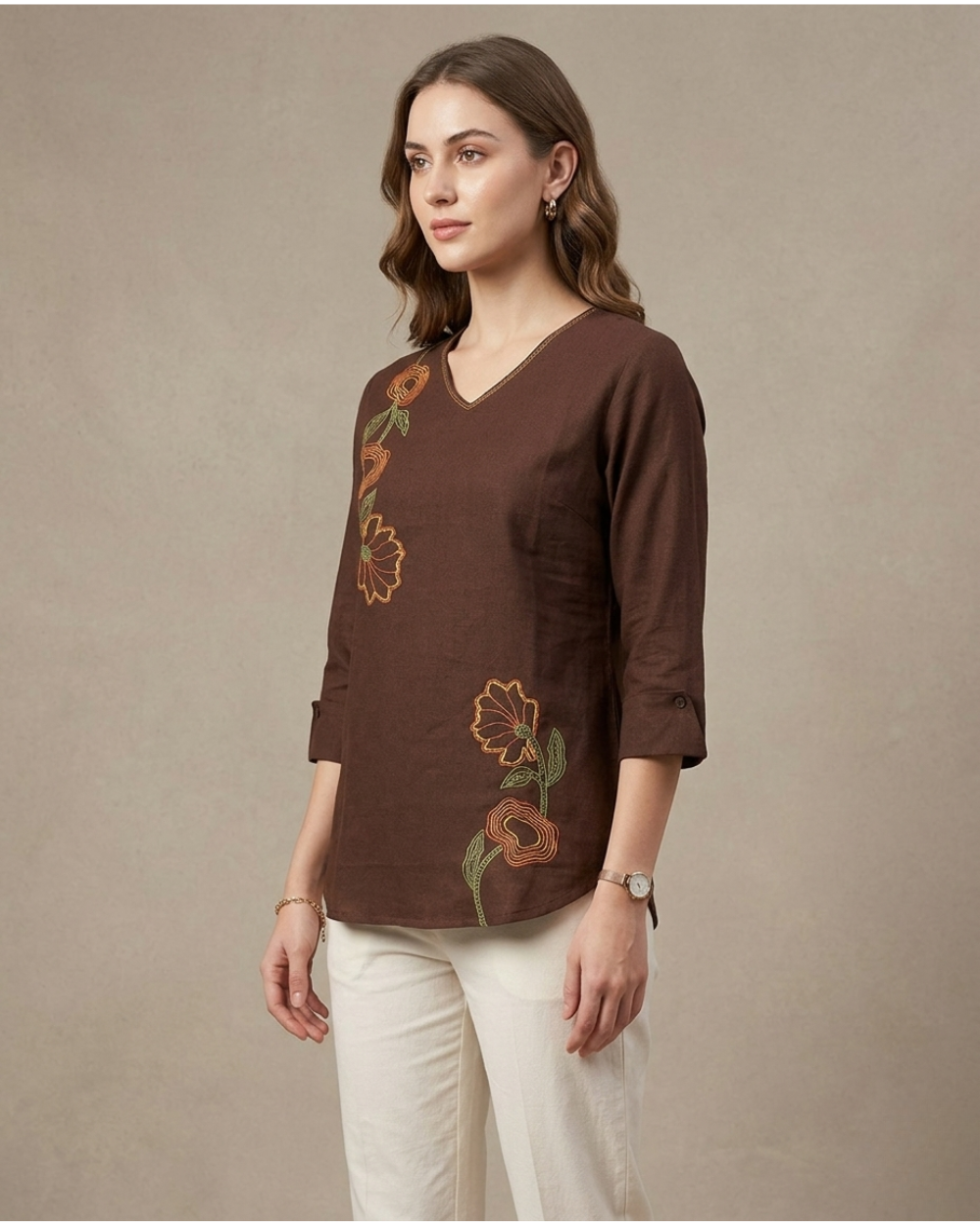 Ruhi- Mocha Brown Cotton Top with Floral Embroidery