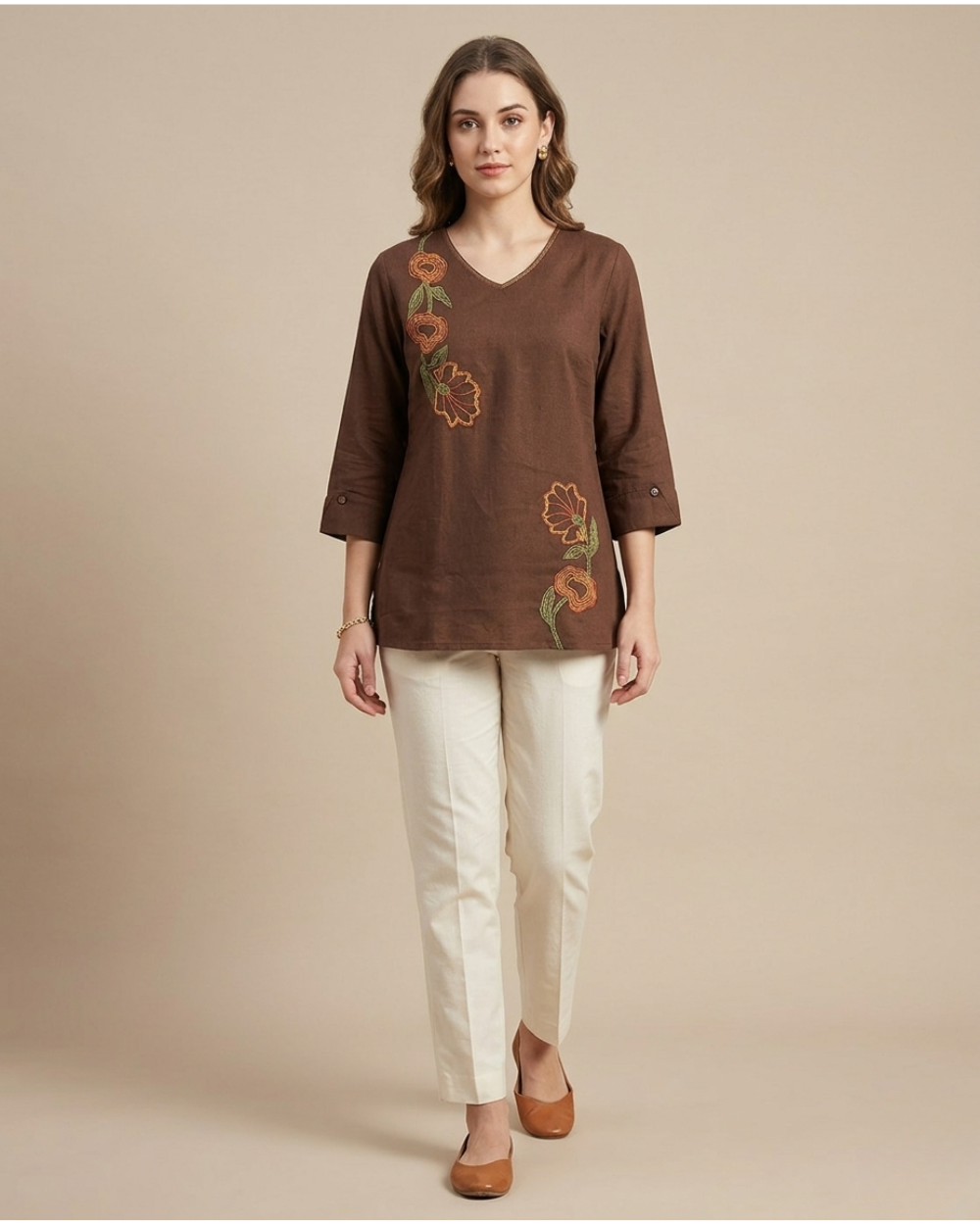 Ruhi- Mocha Brown Cotton Top with Floral Embroidery