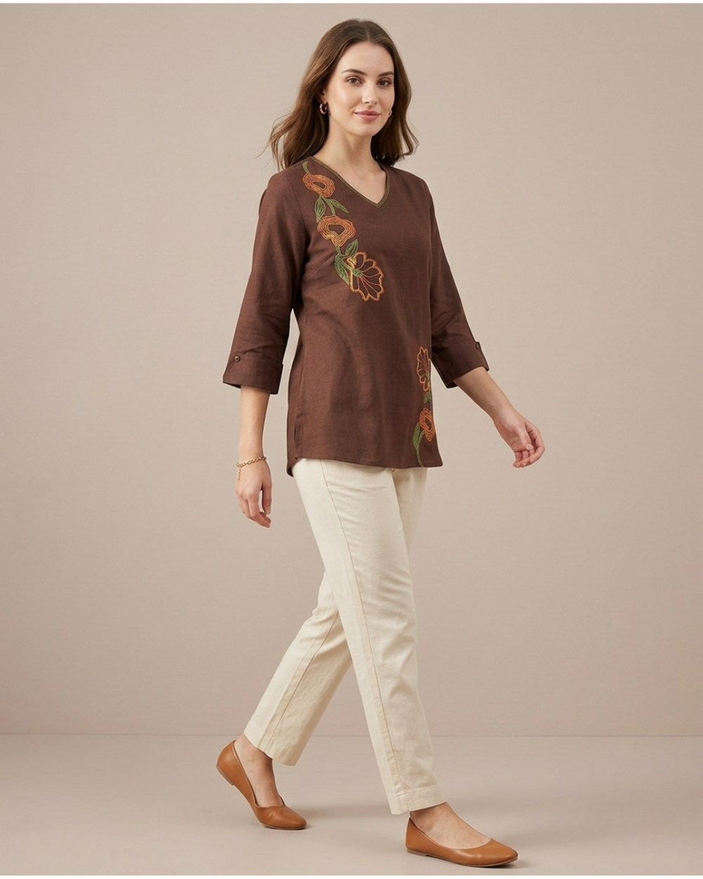 Ruhi- Mocha Brown Cotton Top with Floral Embroidery