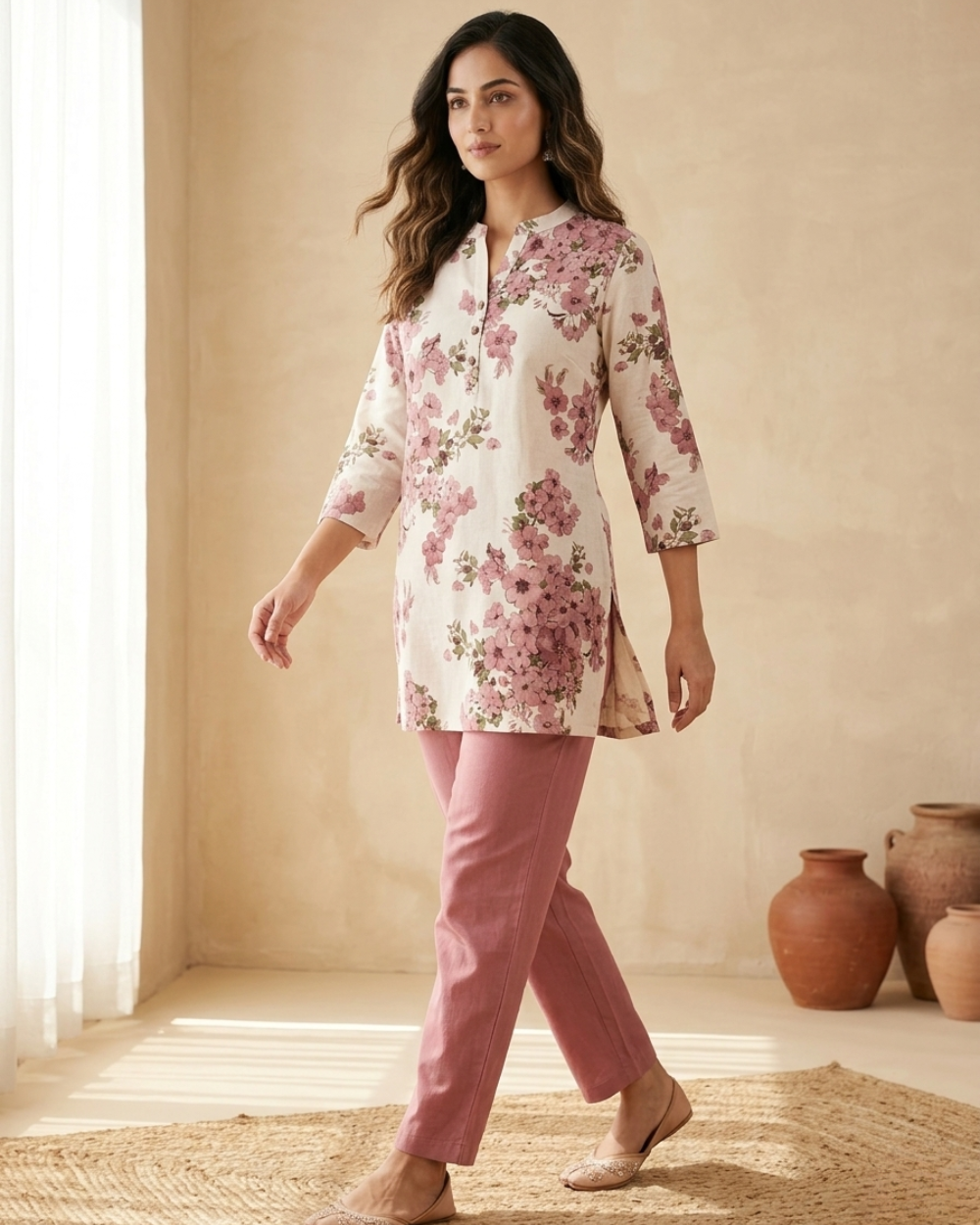 Vanya - Blush Ivory Floral Flex Cotton Short Kurti