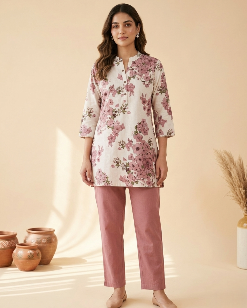 Vanya - Blush Ivory Floral Flex Cotton Short Kurti