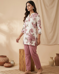 Vanya - Blush Ivory Floral Flex Cotton Short Kurti