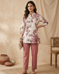 Vanya - Blush Ivory Floral Flex Cotton Short Kurti