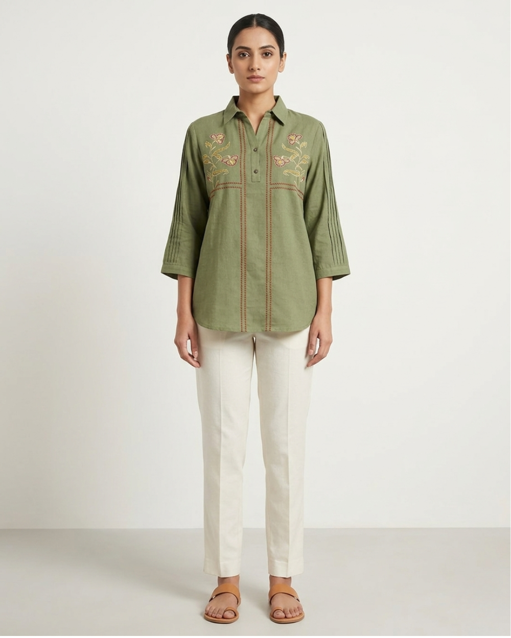Siya- Olive Green Cotton Top with Floral Embroidery & Red Stitch Detailing