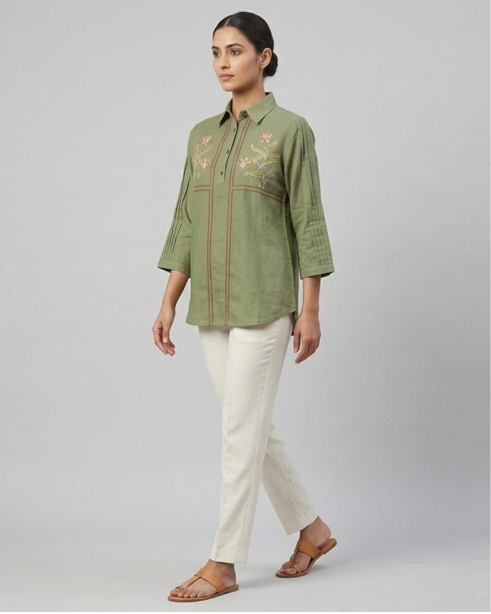 Siya- Olive Green Cotton Top with Floral Embroidery & Red Stitch Detailing