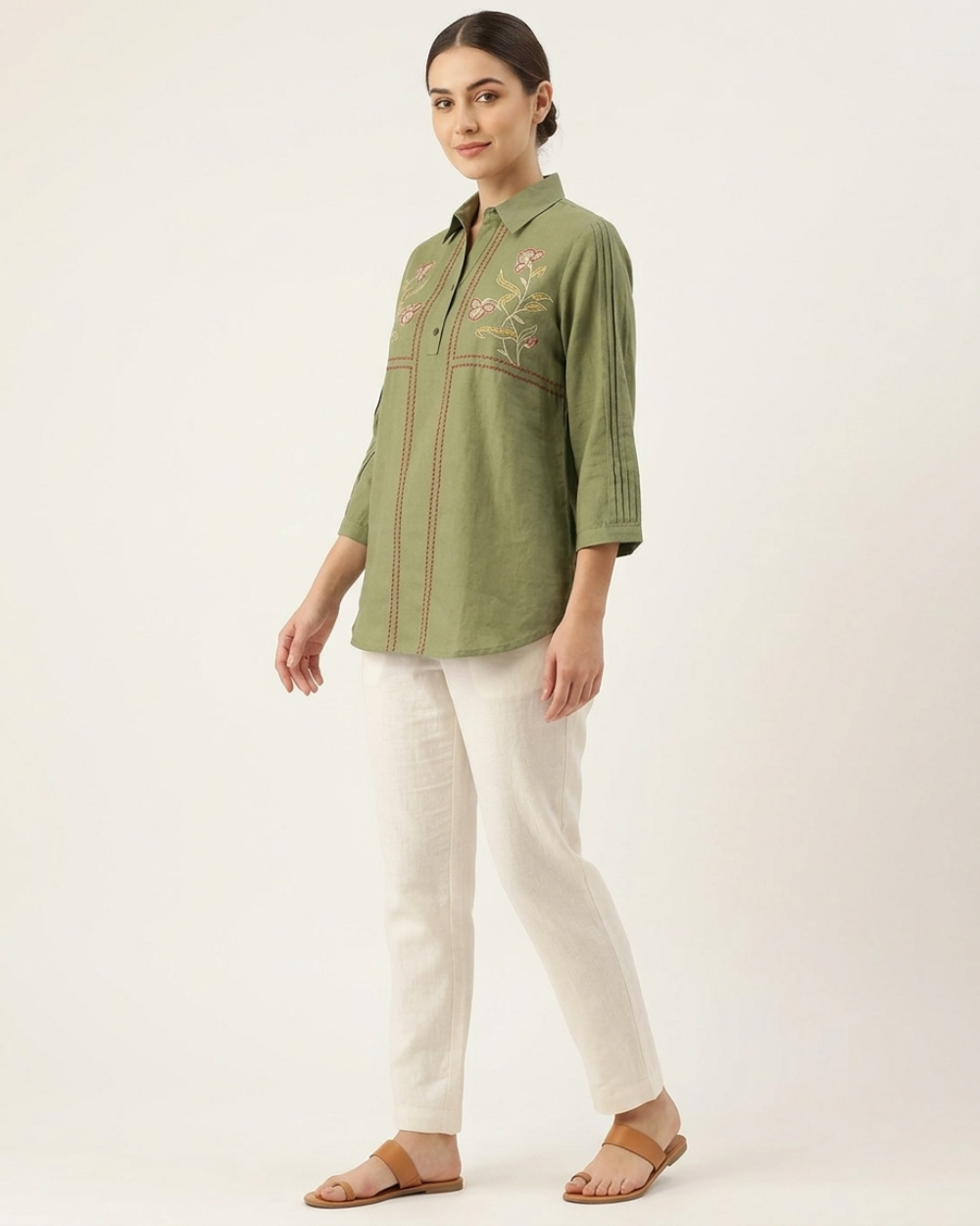 Siya- Olive Green Cotton Top with Floral Embroidery & Red Stitch Detailing