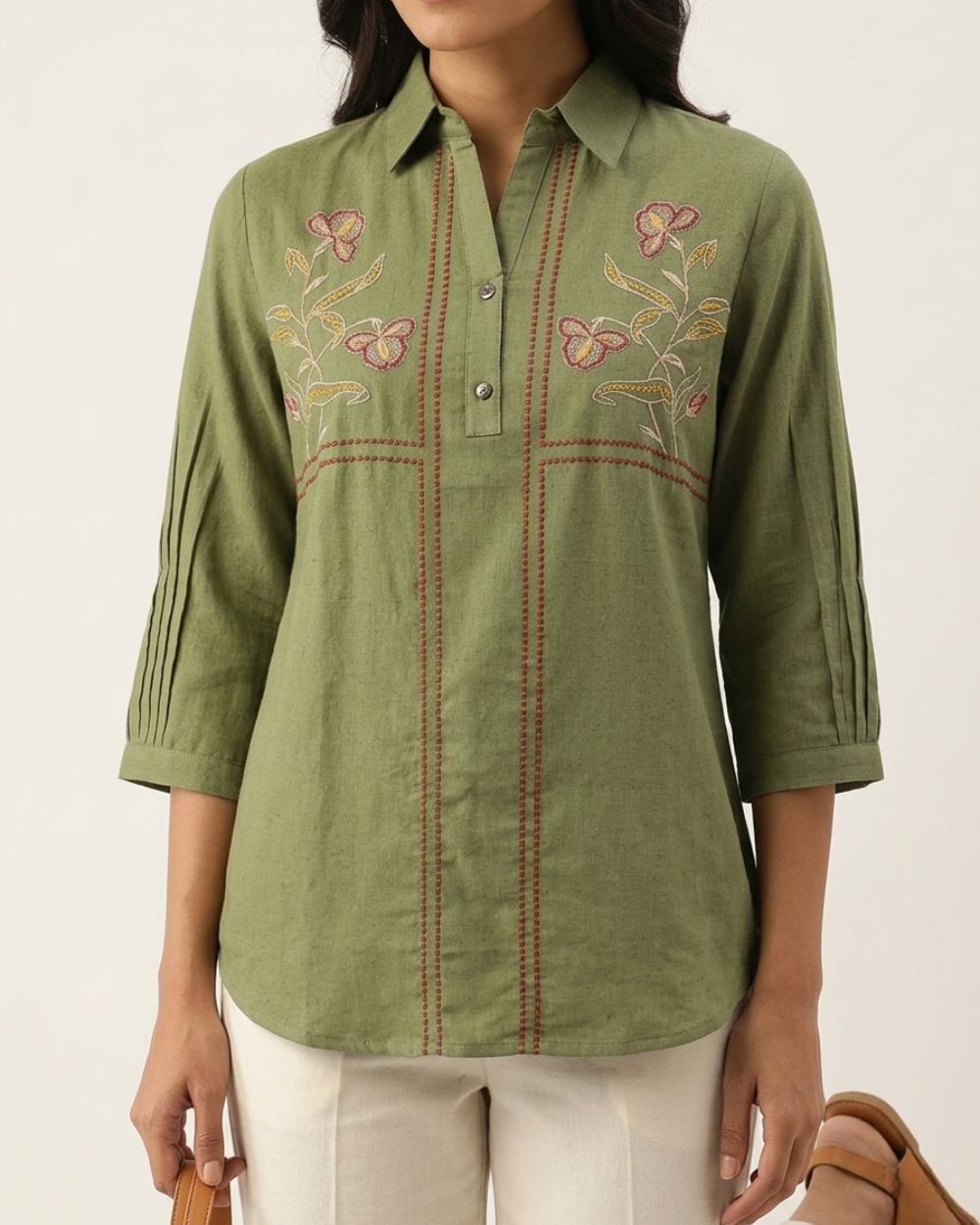 Siya- Olive Green Cotton Top with Floral Embroidery & Red Stitch Detailing