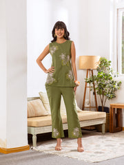 Bliss-Leaf Green Bohemian Embroidered Cotton Co-ord Set