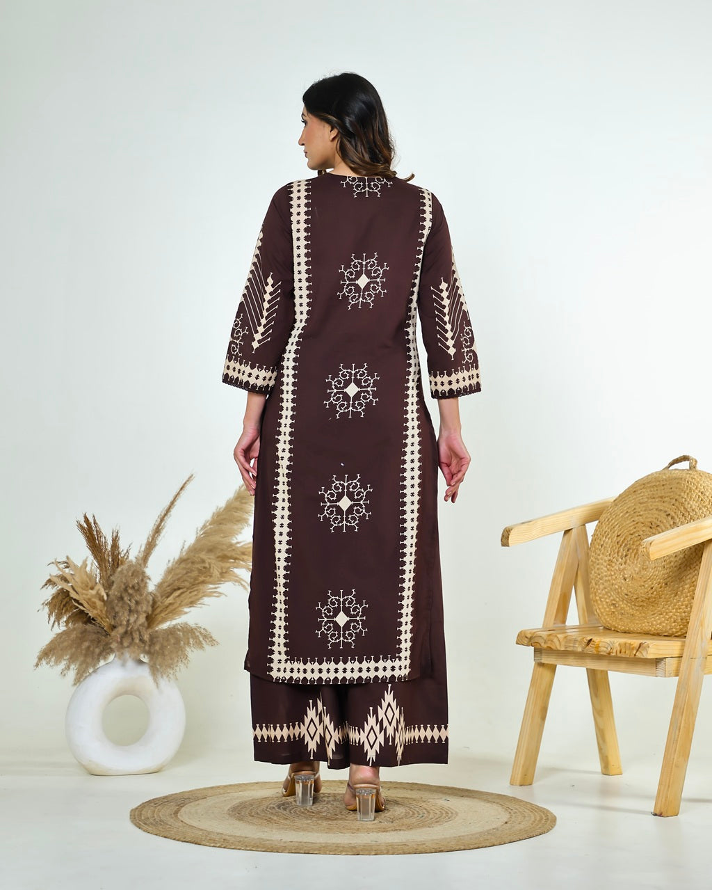 Saanvi-Dark Chocolate Brown Ajrakh-Inspired Printed Cotton Suit Set