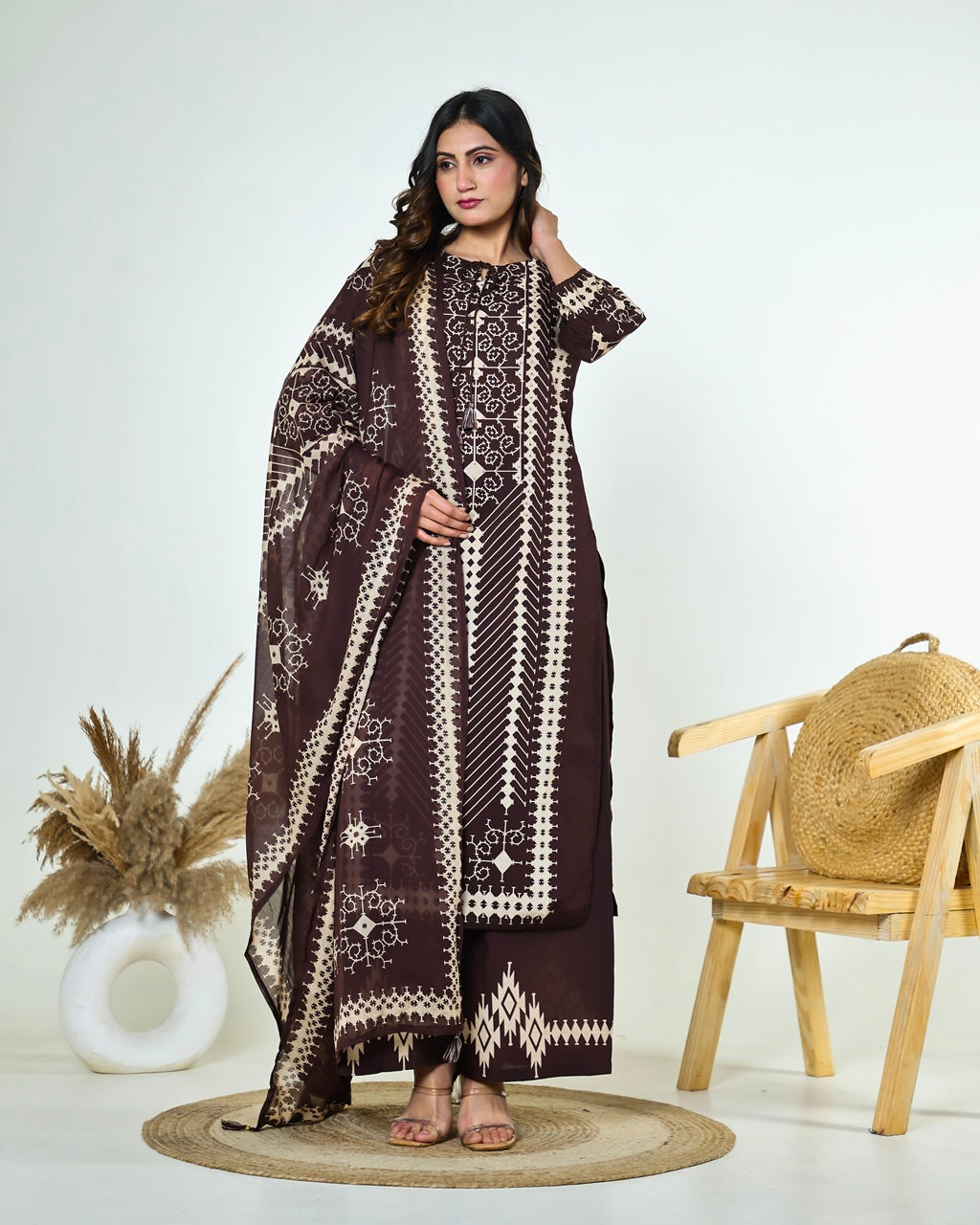 Saanvi-Dark Chocolate Brown Ajrakh-Inspired Printed Cotton Suit Set