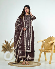 Saanvi-Dark Chocolate Brown Ajrakh-Inspired Printed Cotton Suit Set