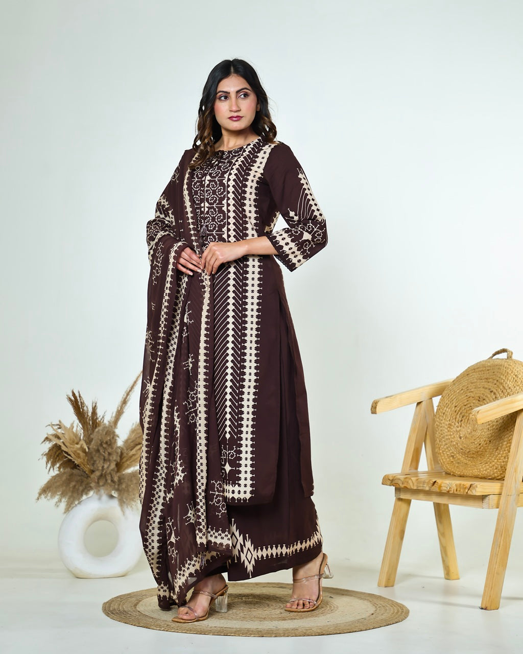 Saanvi-Dark Chocolate Brown Ajrakh-Inspired Printed Cotton Suit Set