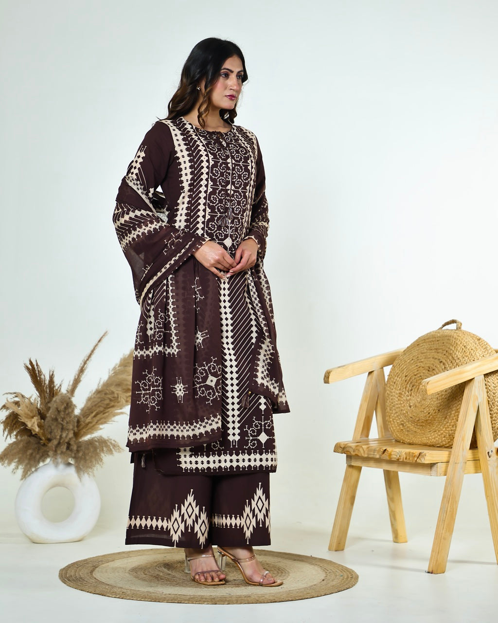 Saanvi-Dark Chocolate Brown Ajrakh-Inspired Printed Cotton Suit Set