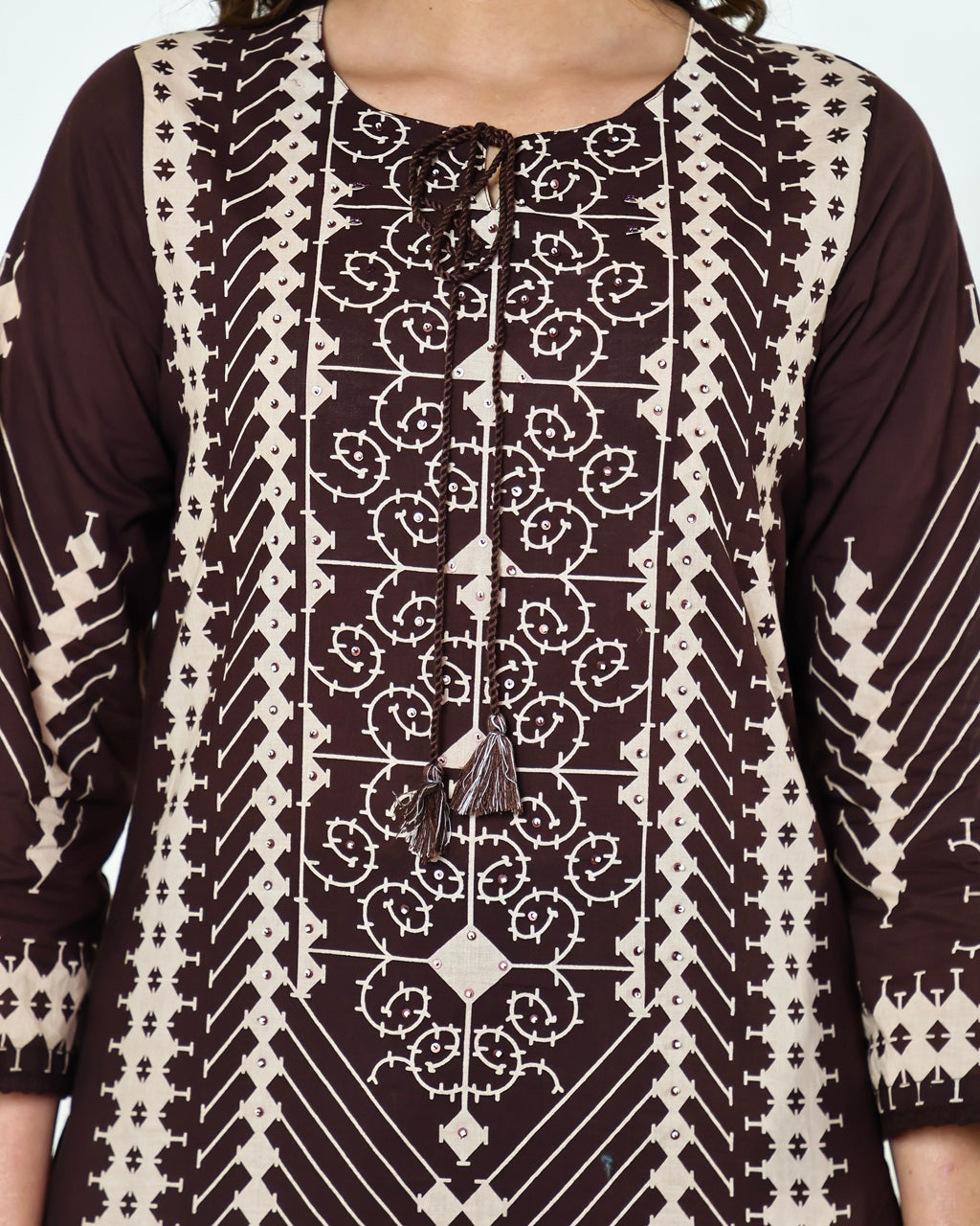Saanvi-Dark Chocolate Brown Ajrakh-Inspired Printed Cotton Suit Set