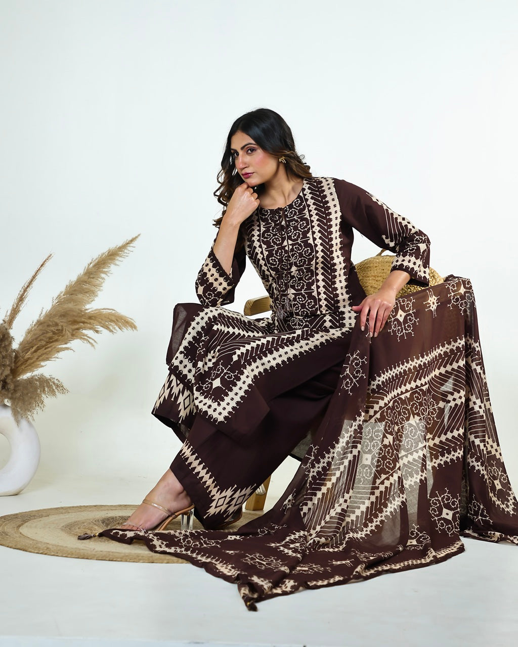 Saanvi-Dark Chocolate Brown Ajrakh-Inspired Printed Cotton Suit Set