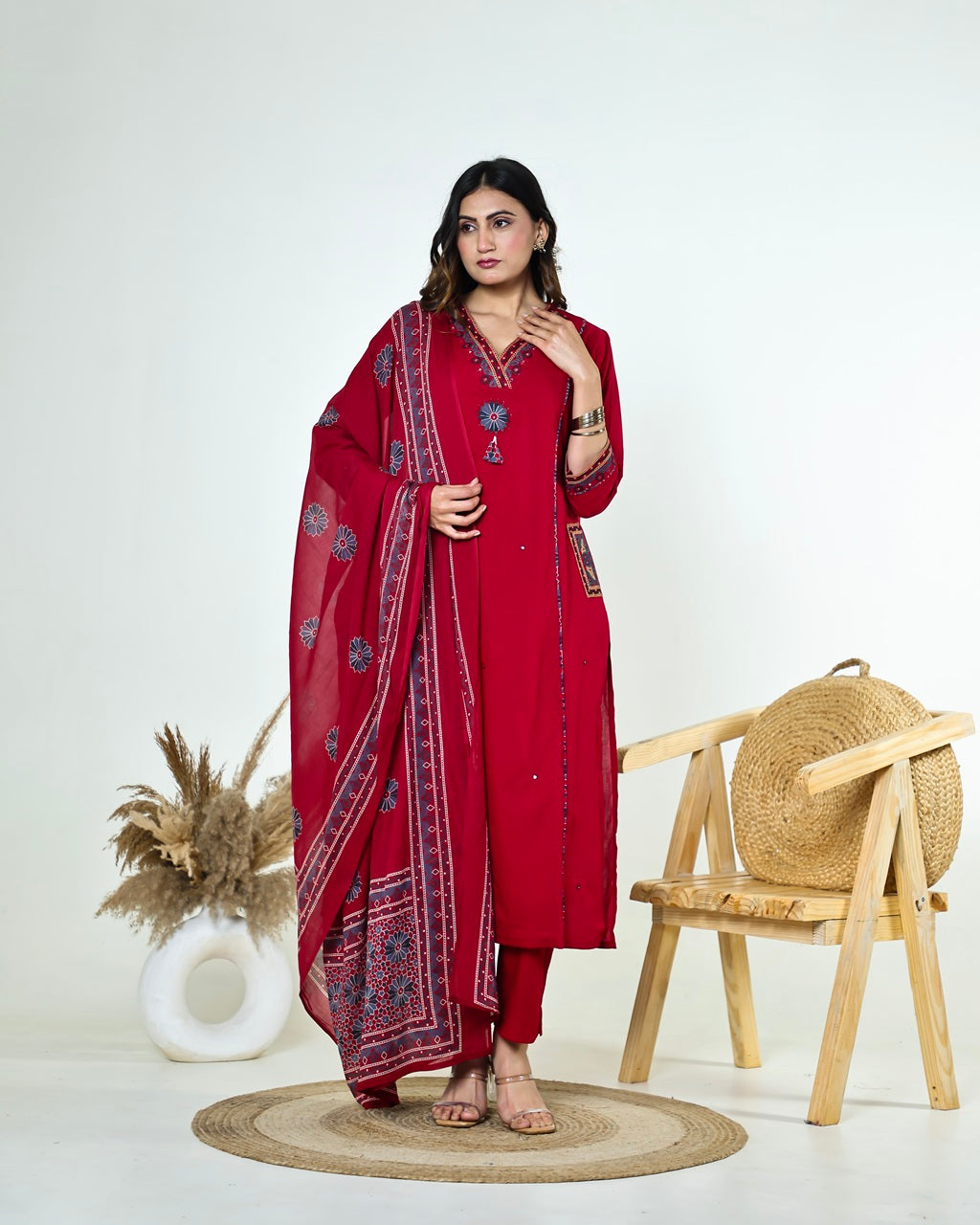 Kashvi-Deep Reddish Maroon Kutchi Cotton Suit Set