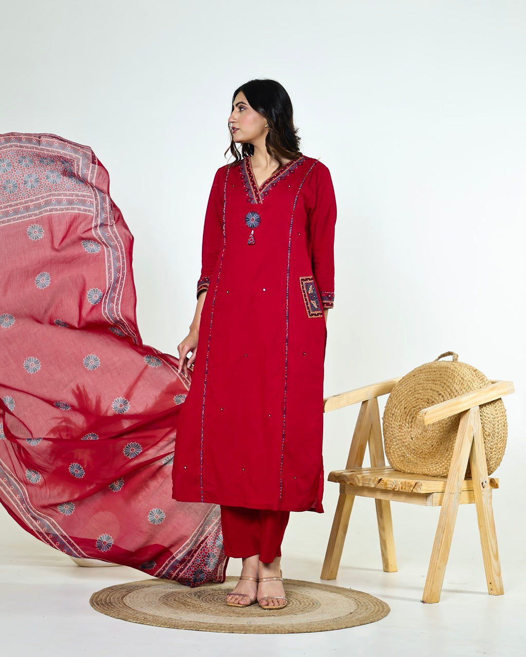 Kashvi-Deep Reddish Maroon Kutchi Cotton Suit Set