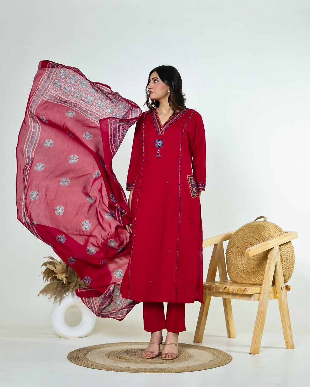 Kashvi-Deep Reddish Maroon Kutchi Cotton Suit Set