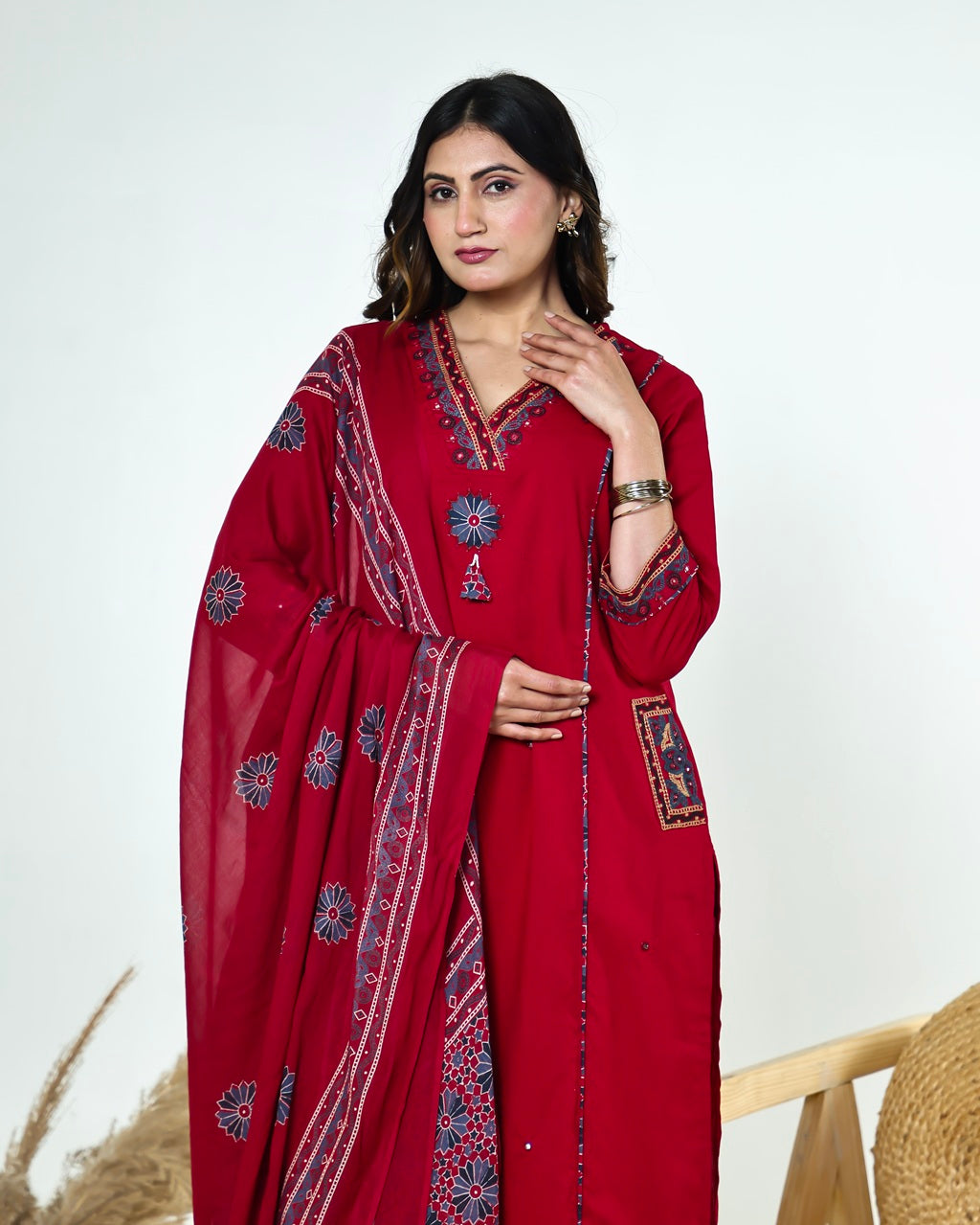 Kashvi-Deep Reddish Maroon Kutchi Cotton Suit Set