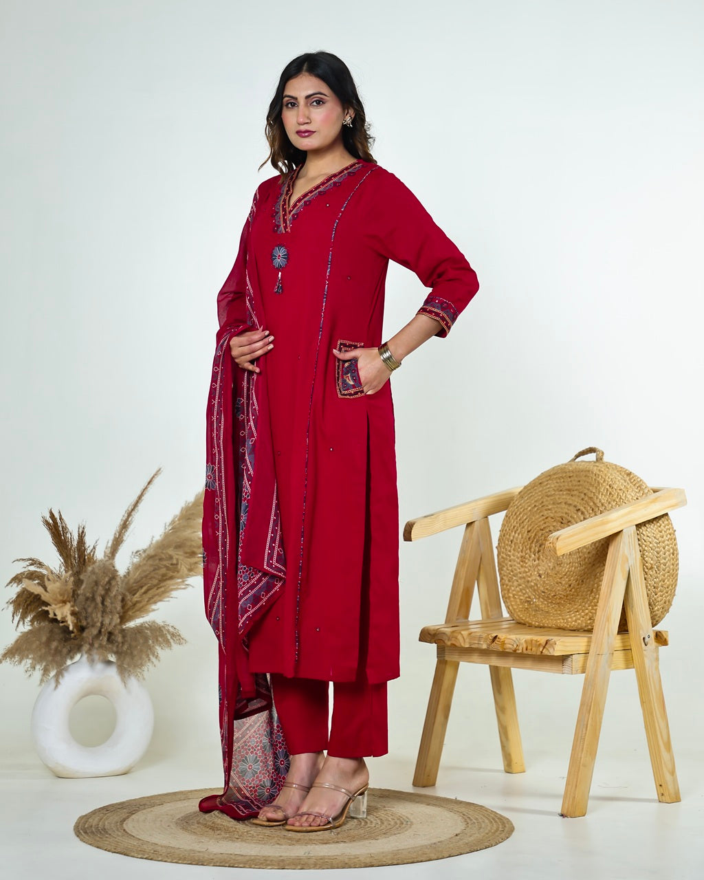 Kashvi-Deep Reddish Maroon Kutchi Cotton Suit Set