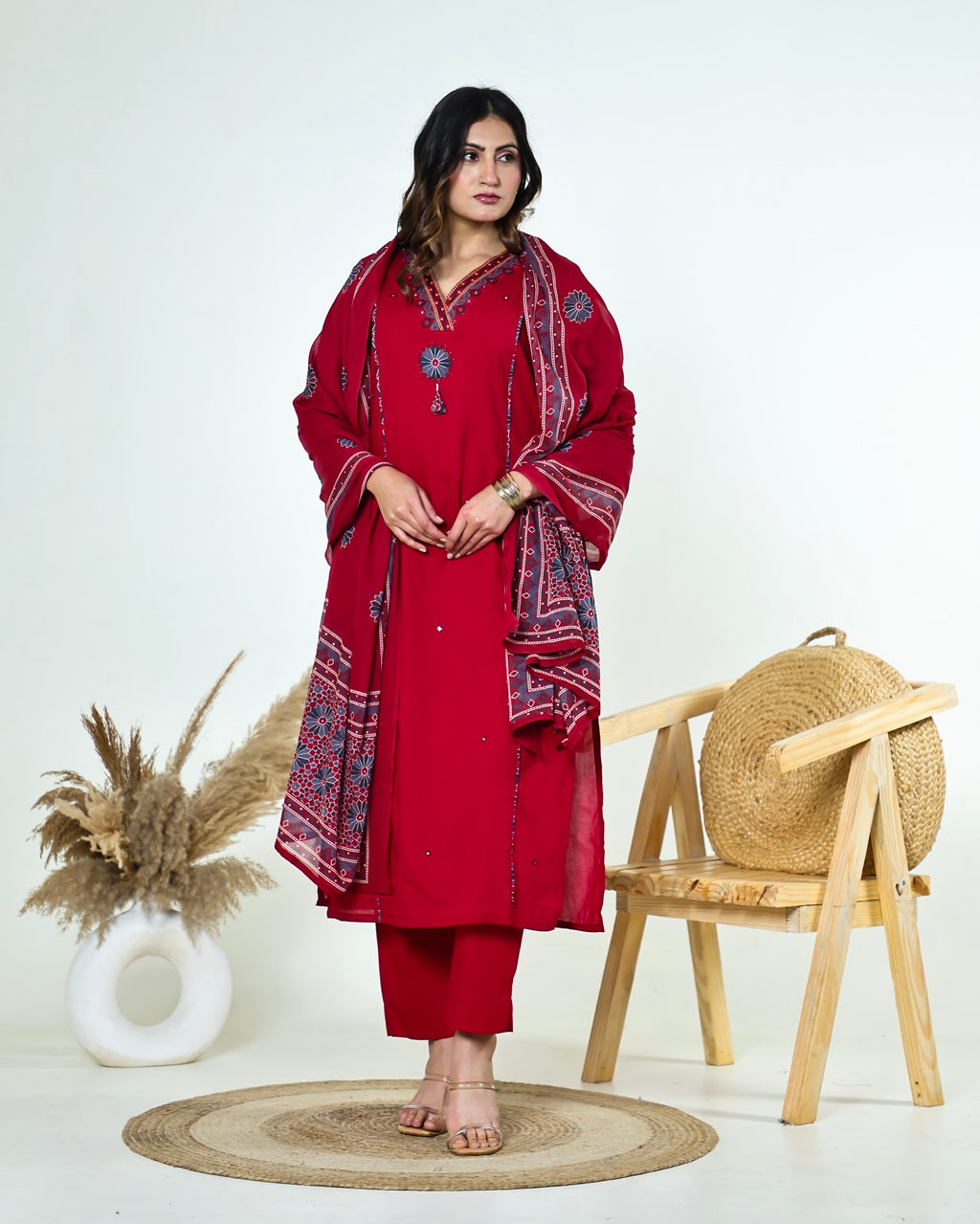 Kashvi-Deep Reddish Maroon Kutchi Cotton Suit Set