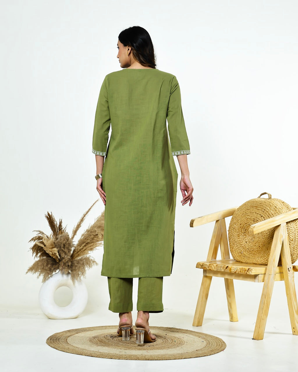 Ritika- Celadon Green Slub Cotton Suit Set with White Resham Floral Jaal Embroidery & Tasselled Dupatta