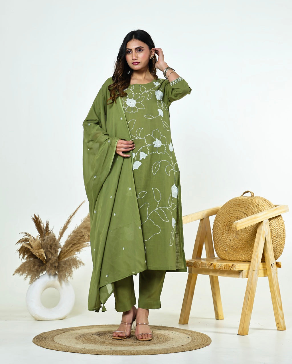 Ritika- Celadon Green Slub Cotton Suit Set with White Resham Floral Jaal Embroidery & Tasselled Dupatta