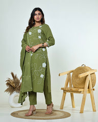 Ritika- Celadon Green Slub Cotton Suit Set with White Resham Floral Jaal Embroidery & Tasselled Dupatta